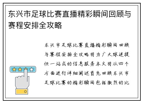 东兴市足球比赛直播精彩瞬间回顾与赛程安排全攻略